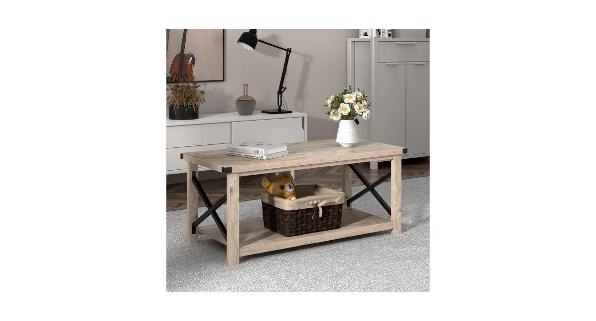 Slickblue Rustic Accent Coffee Table Metal X Shaped Side Cocktail Table with Storage Shelf