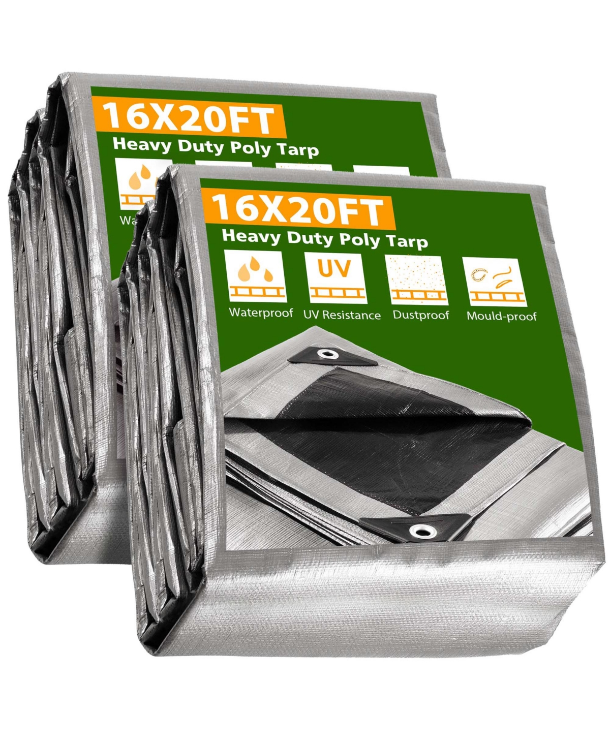 2 Pack 16x20 Ft 10 Mil Poly Tarp Protective Cover Tarpaulin Outdoor Waterproof - Silver