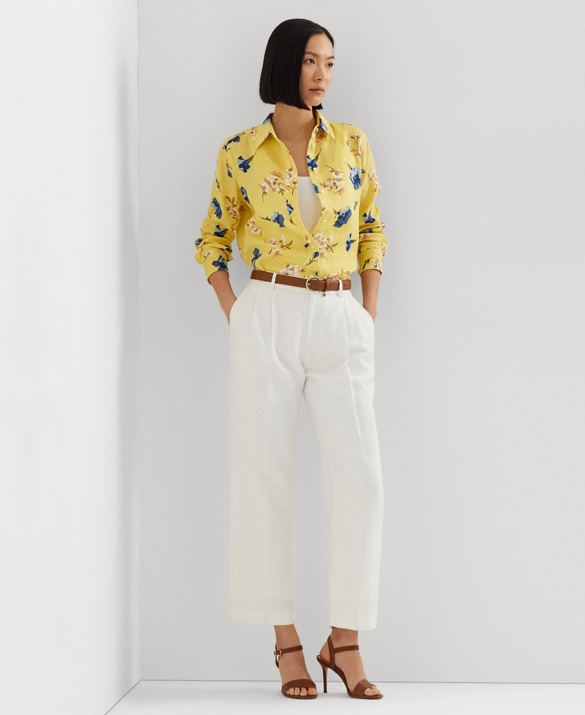 Shop Lauren Ralph Lauren Women's Floral Roll-tab Shirt In Yellow