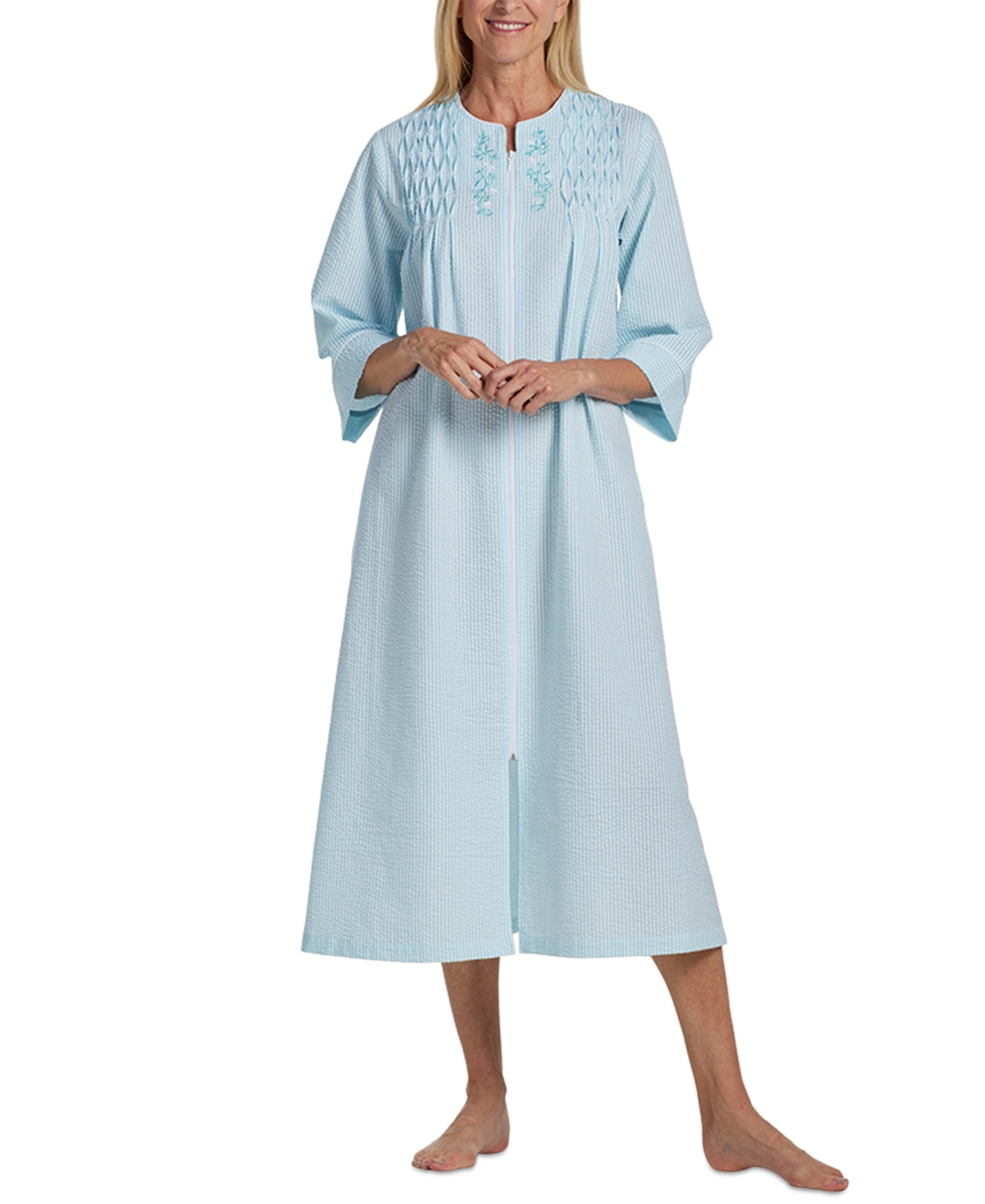 Plus Size 3/4-Sleeve Zip Seersucker Robe - Turquoise White