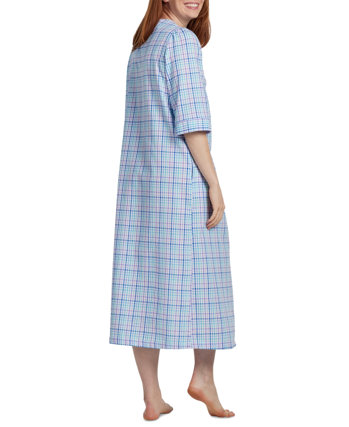 Miss Elaine Petite 3/4-Sleeve Plaid Zip Seersucker Robe
