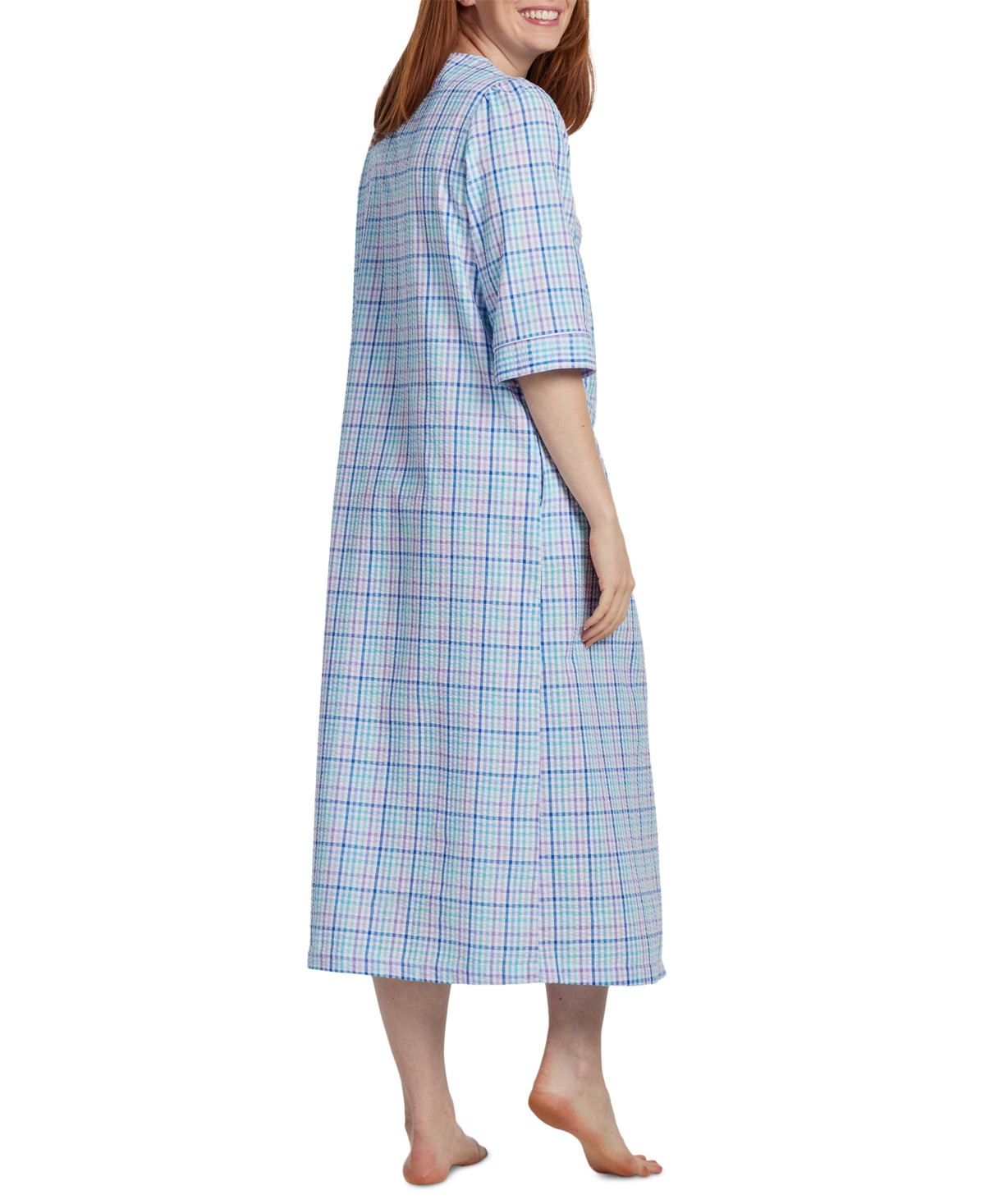 Miss Elaine Women's 3/4-Sleeve Plaid Zip Seersucker Robe