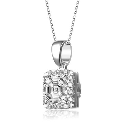 Sterling Silver with Colored Cubic Zirconia Asher Cut Square Framed Drop Pendant