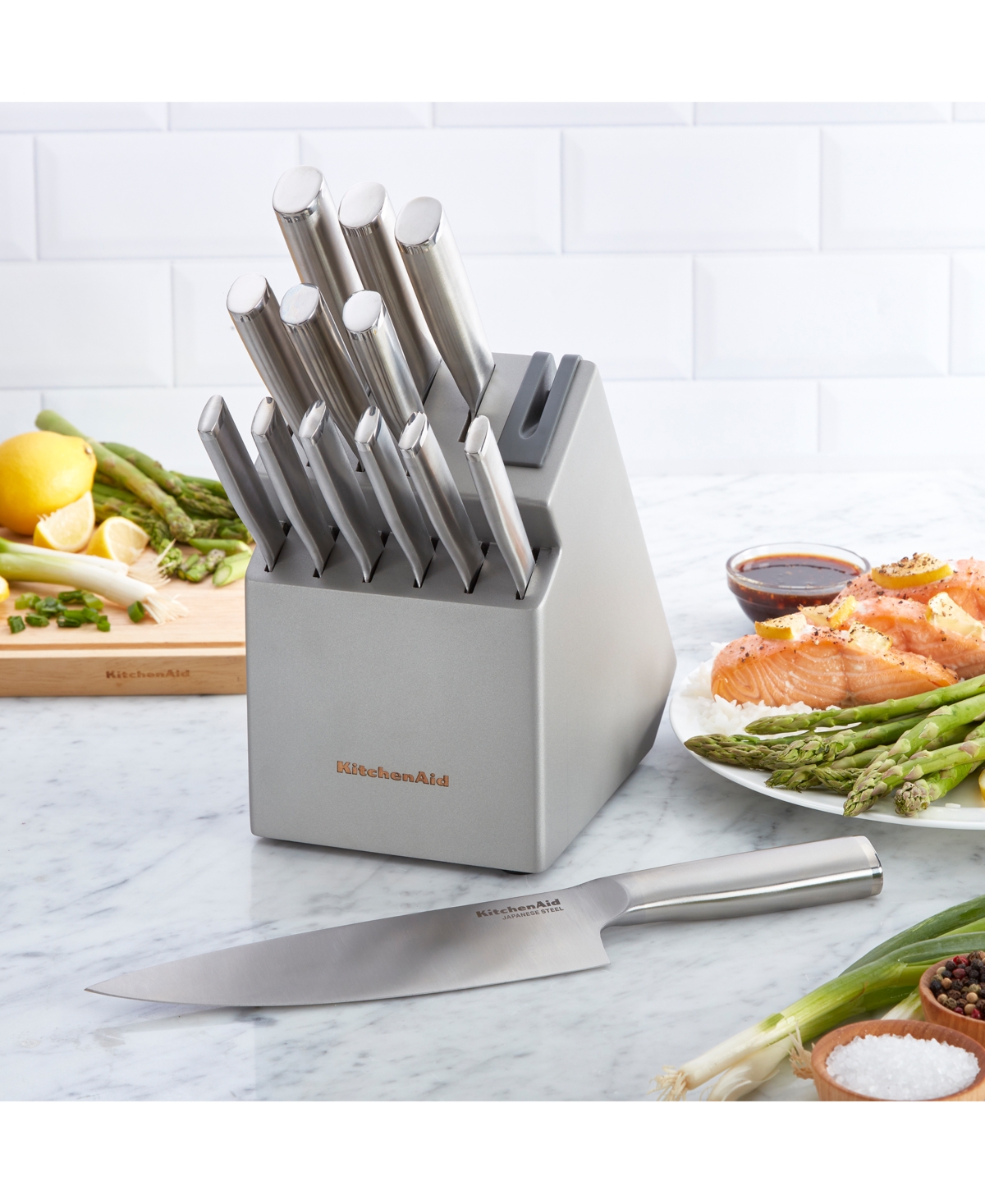 Kitchenaid Gourmet 15-pc, Japanese Steel Knife & Sharpener Block Set In Gray