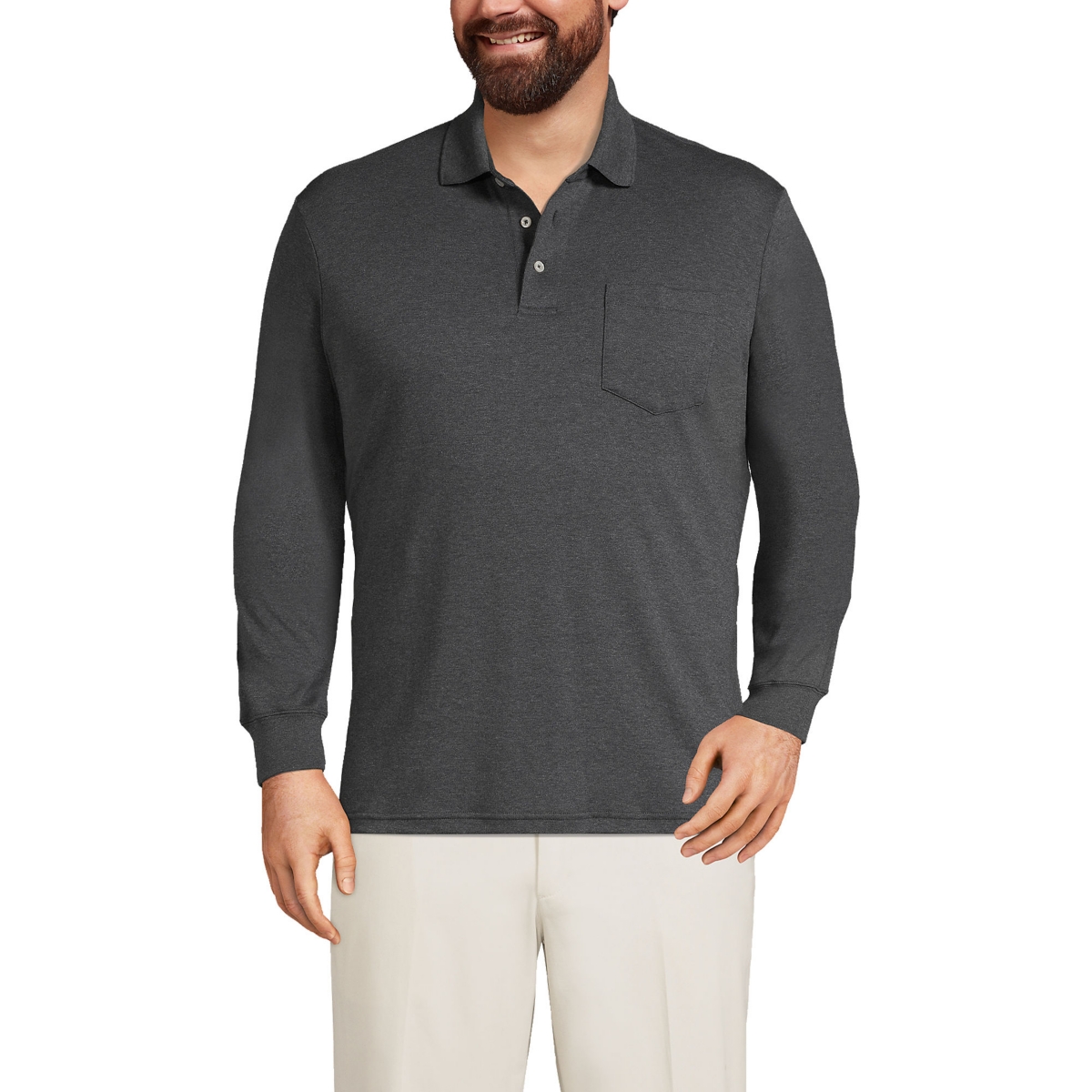 Big & Tall Long Sleeve Cotton Supima Polo Shirt with Pocket - Dark charcoal heather