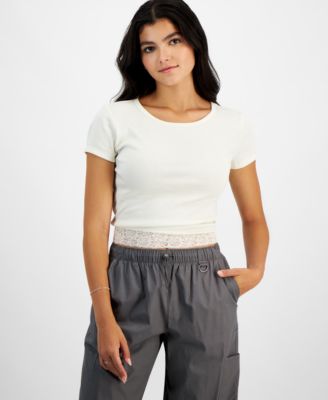 Hippie Rose - Juniors' Lace-Trim Short-Sleeve Crewneck Tee