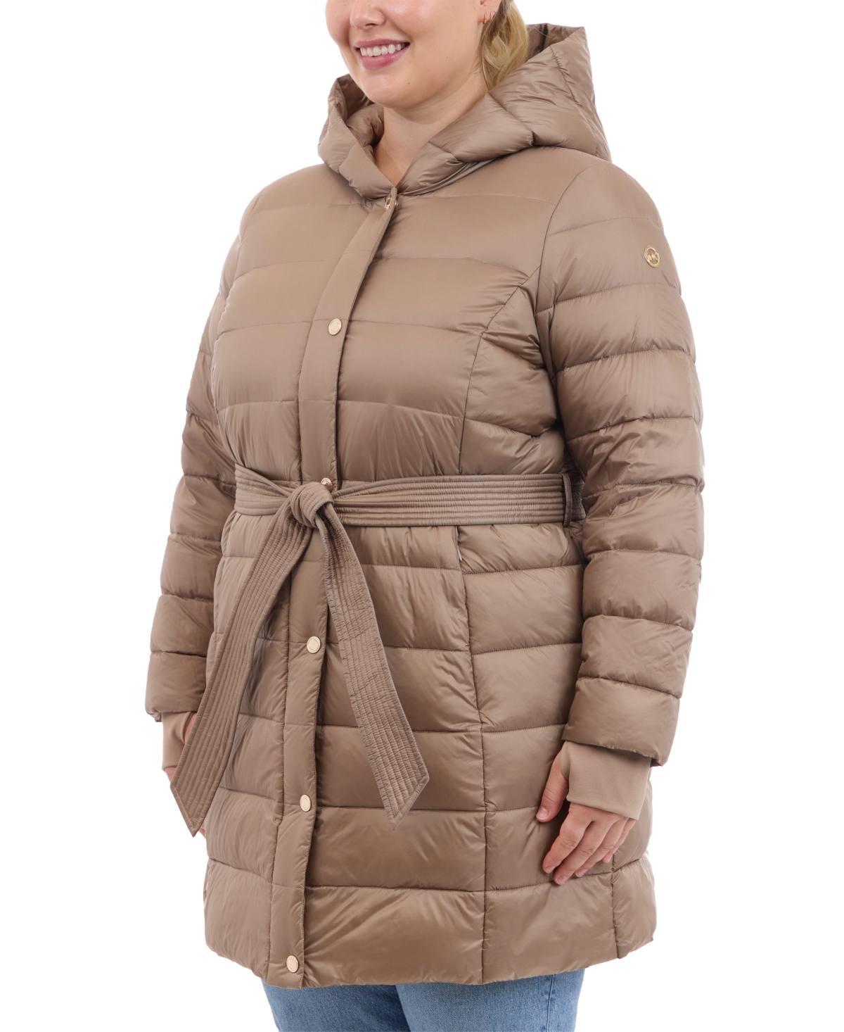 Michael Michael Kors Plus Size Hooded Belted Down Puffer Coat, Created for Macy's
