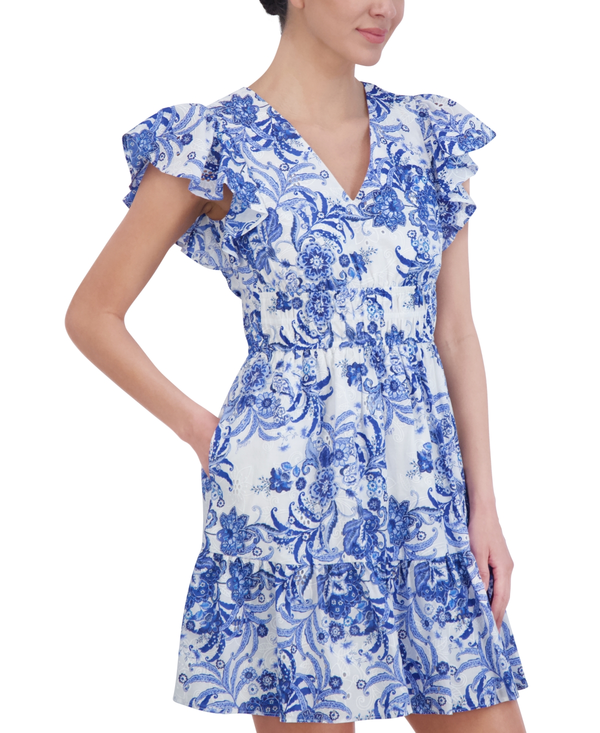 Shop Eliza J Women's Floral Eyelet Flutter-sleeve Dress In Ivory Blue