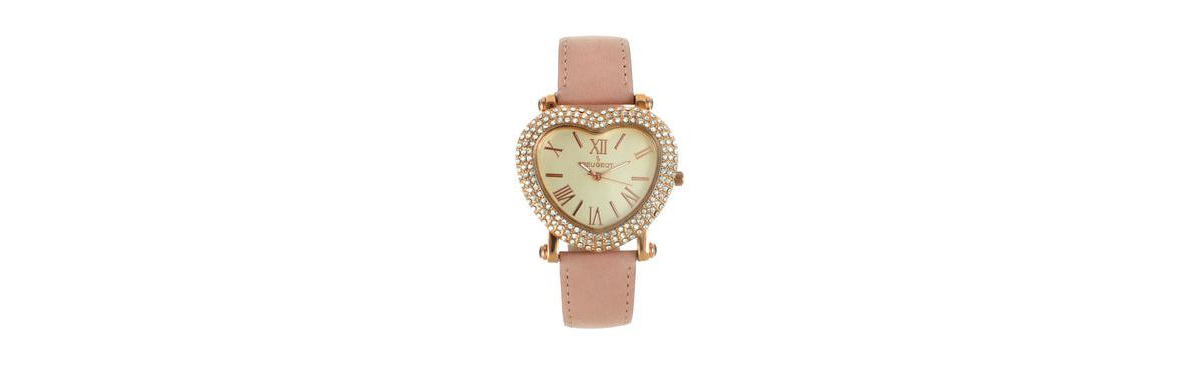 Women's Heart Shaped Rose Gold Crystal Watch with Pink Suede Strap - Pink