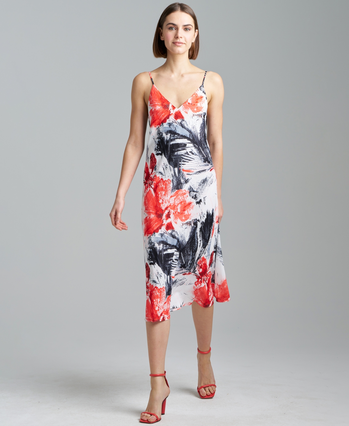 Women's Floral-Print V-Neck Midi Slip Dress - Black/White