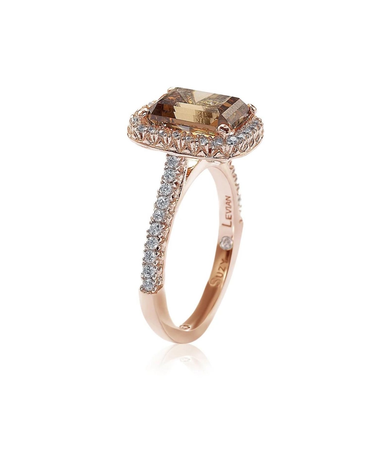 Suzy Levian New York Suzy Levian Sterling Silver Emerald-cut Cubic Zirconia Halo Engagement Ring -brown