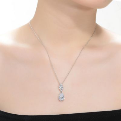 Sterling Silver with White Gold Plated Clear Pear with Marquise Cubic Zirconia Cluster Accent Drop Necklace