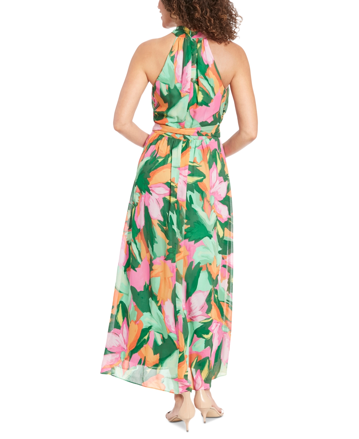 London Times Women's Floral-Print Wrap-Neck Tie-Front Halter Maxi Dress -green