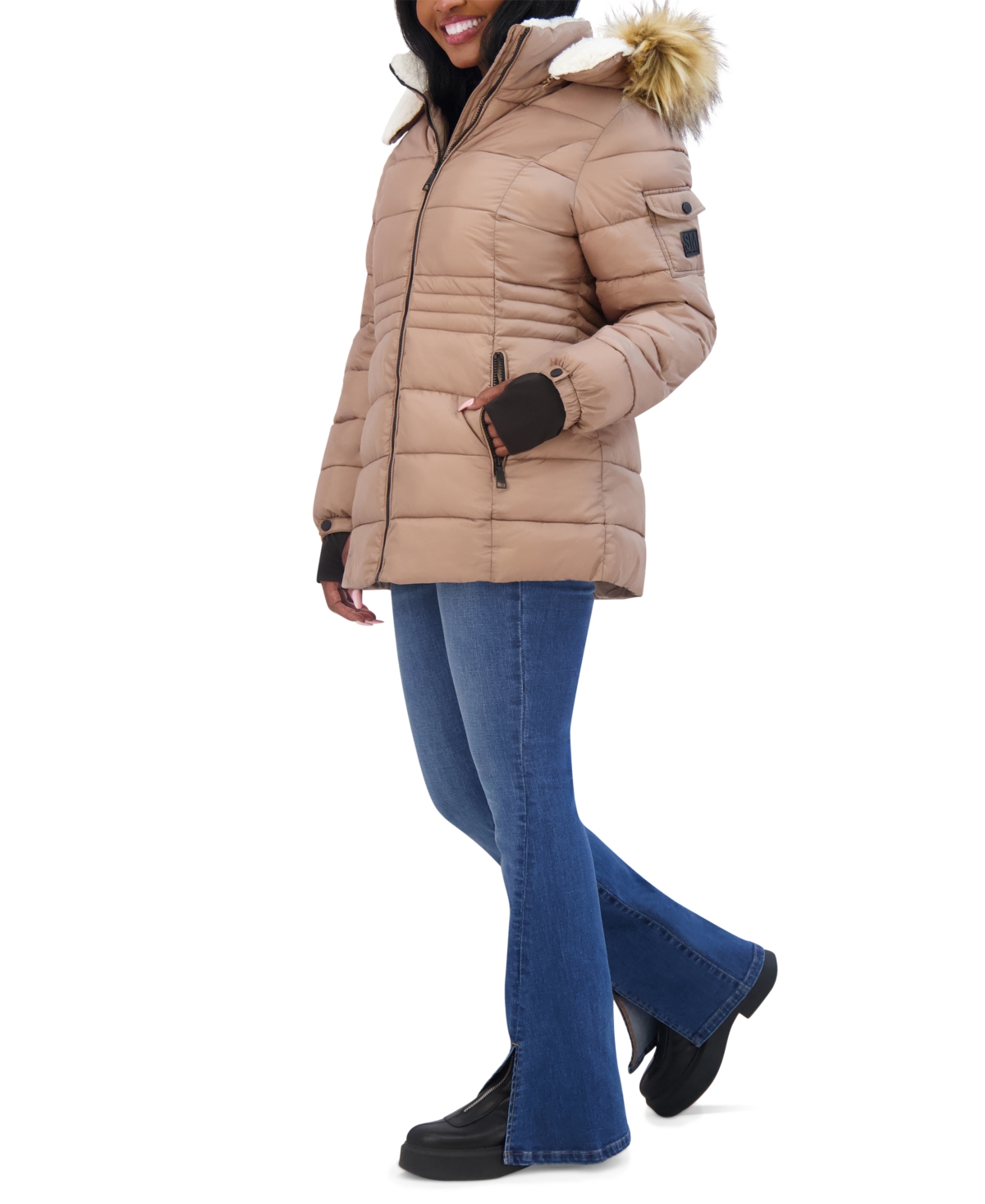 Steve Madden Juniors' Faux-Fur-Trim Hooded Puffer Coat, Created for Macy's