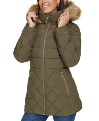 Women's Bibbed Faux-Fur-Trim Hooded Puffer Coat