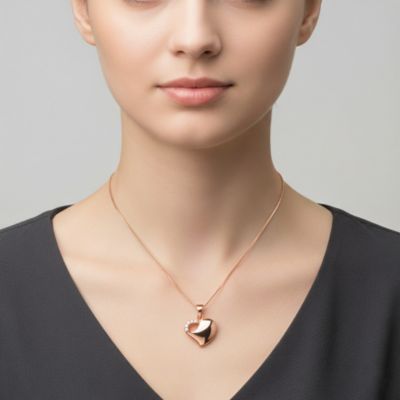 Stylish Sterling Silver 18K Rose Gold Plated Cubic Zirconia Curve Heart Necklace
