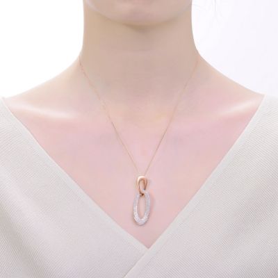 Sterling Silver 18K Rose Plated Cubic Zirconia Oval Hollow Pendant Necklace