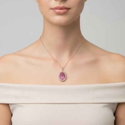 Sterling Silver 18K Rose Plated Cubic Zirconia Oval Pink Pendant