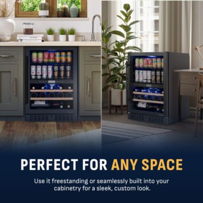 24" Dual Zone Fridge – Holds 24 Wine Bottles & 100 Cans, Quiet Cooling, Charcoal Filter, Door Alarm, Black Stainless Steel.