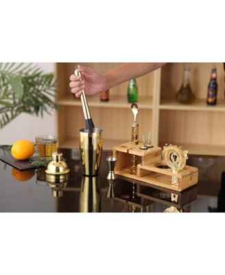 Premium 14 Piece Stainless Steel Bartender Kit with Bamboo Stand (Gold)