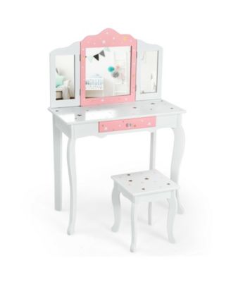   2 Pc. Set   Wood/Plastic  Tri-fold Mirror, Drawer Storage  Kids Vanity Table & Stool