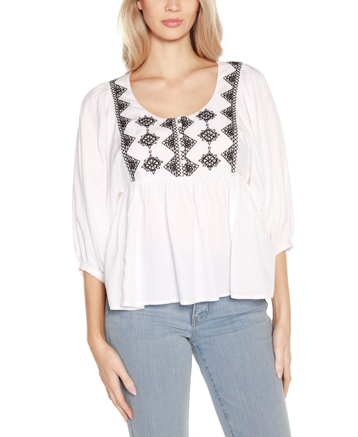 Shop Belldini Black Label Embroidered Boho Fit-and-flare Top In Wht,blk