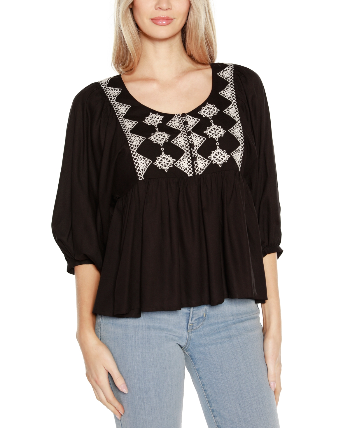 Shop Belldini Black Label Embroidered Boho Fit-and-flare Top In Blk,wht