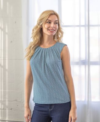 Print Pleated Crew Neckline Back Closure Sleeveless Top