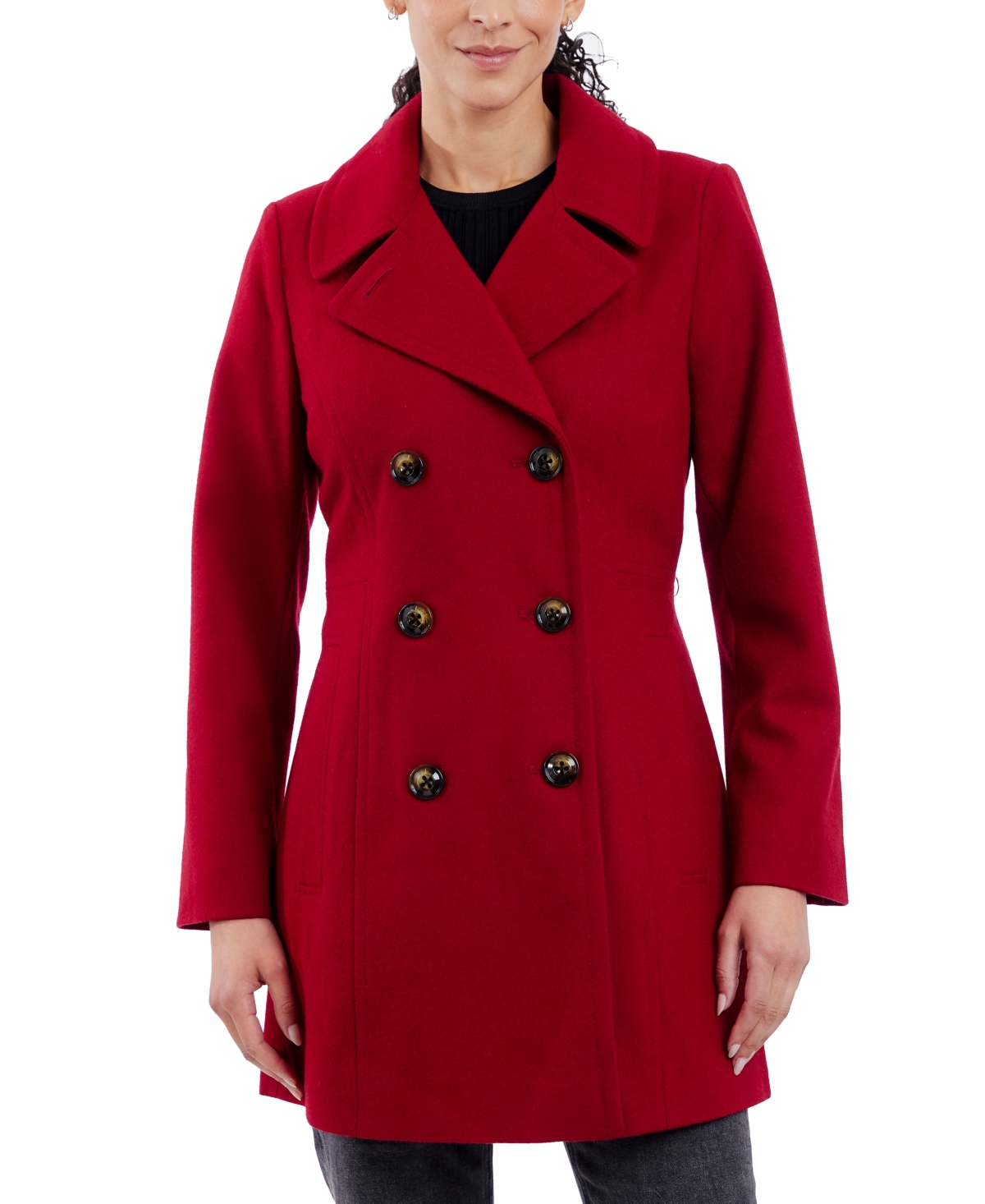 Shop Anne Klein Women's Double-breasted Peacoat, Created For Macy's In Red