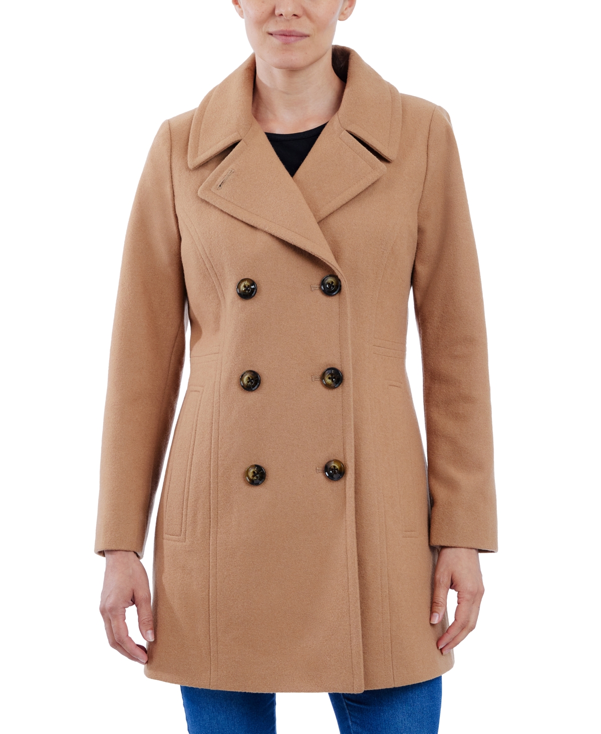 Anne Klein Women's Double-breasted Peacoat, Created For Macy's In Camel