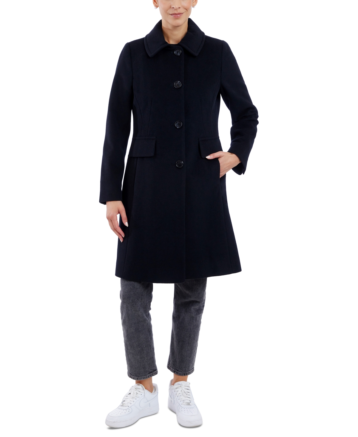 Anne Klein Women's Collared Button-front Walker Coat In Black