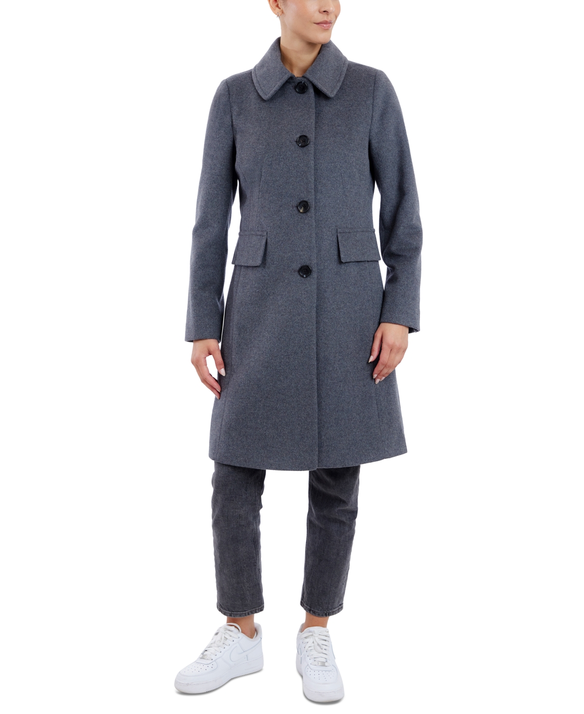 Anne Klein Women's Collared Button-front Walker Coat In Light Grey