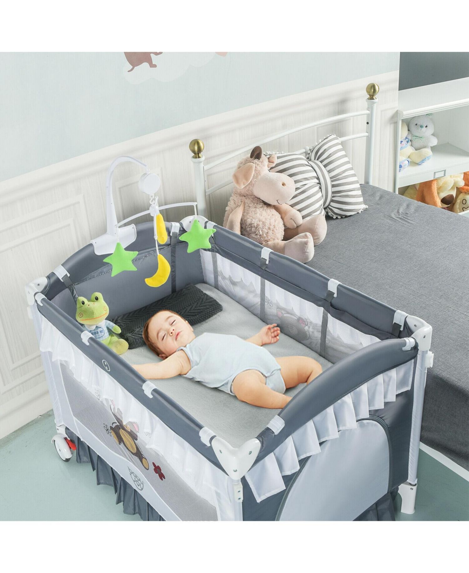 Foldable 4-in-1 Baby Playard with Mosquito Net, Portable Crib with Carry Bag