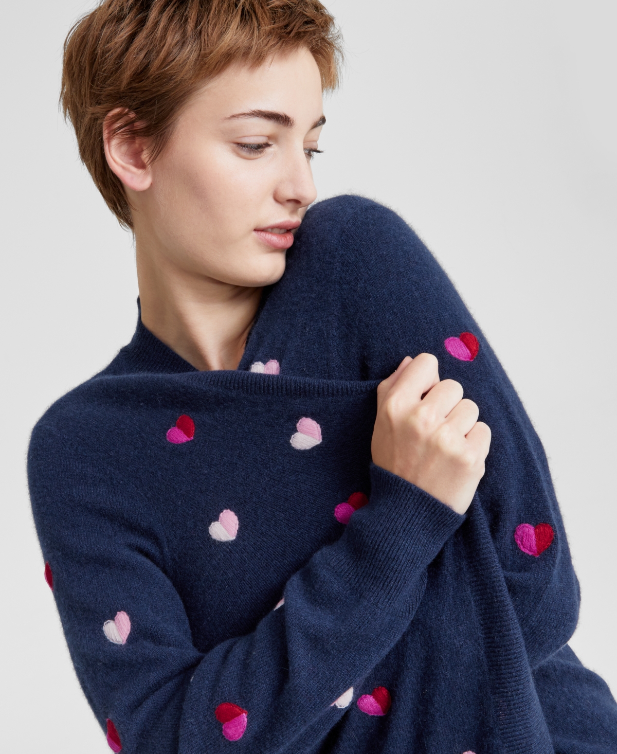 Charter Club Women's Petite Cashmere Heart-embroidered Long Open Cardigan, Created For Macy's In Admiral Navy Combo