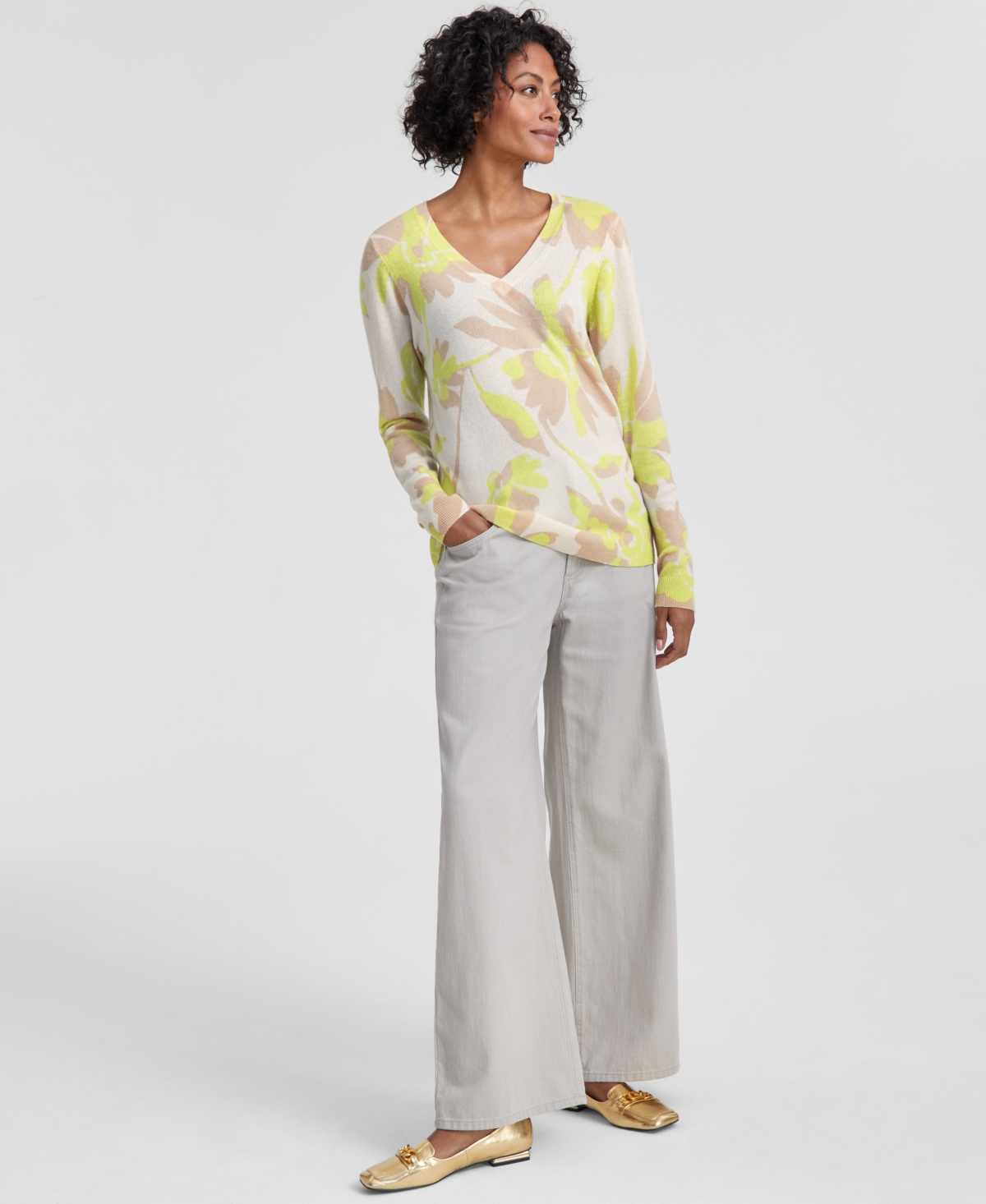 Charter Club Women's 100% Cashmere Floral Burst V-Neck Sweater, Created for Macy's