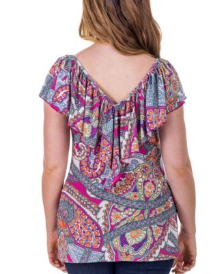 Cap Sleeve Print Ruffle V Neck Top