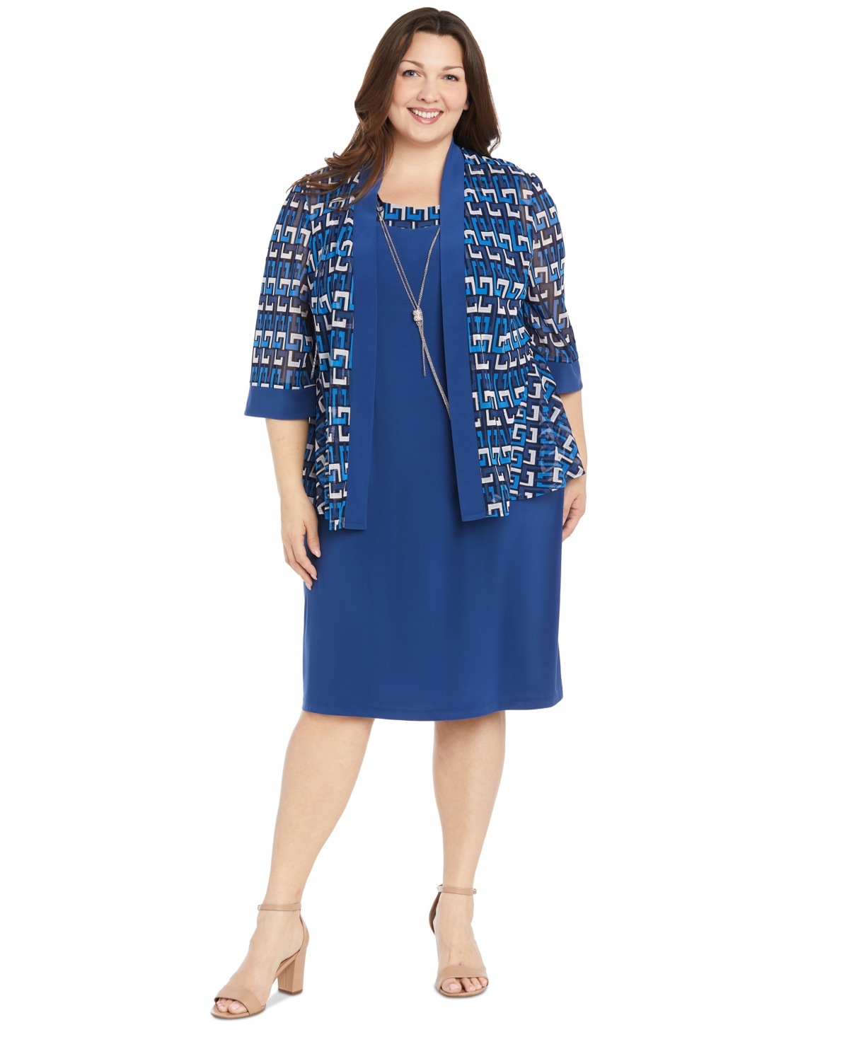 Plus Size 2-Pc. Printed Jacket & Necklace Dress Set - Cobalt/whi