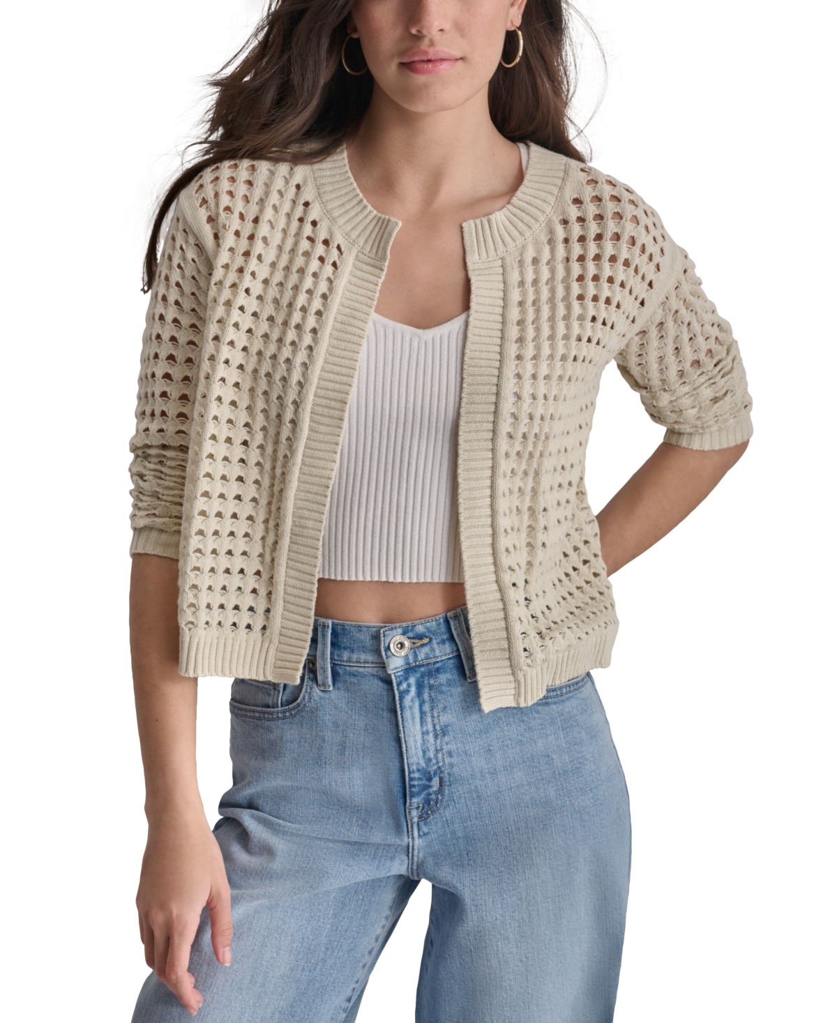 DKNY JEANS WOMEN'S OPEN-STITCH DROP-SHOULDER CARDIGAN SWEATER 