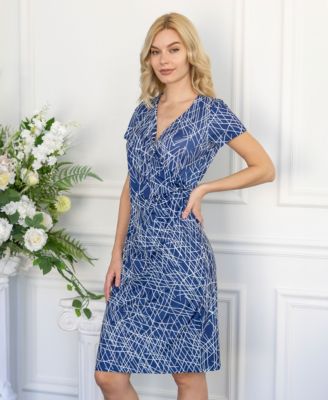 Print Knee Length Short Sleeve Faux Wrap Dress