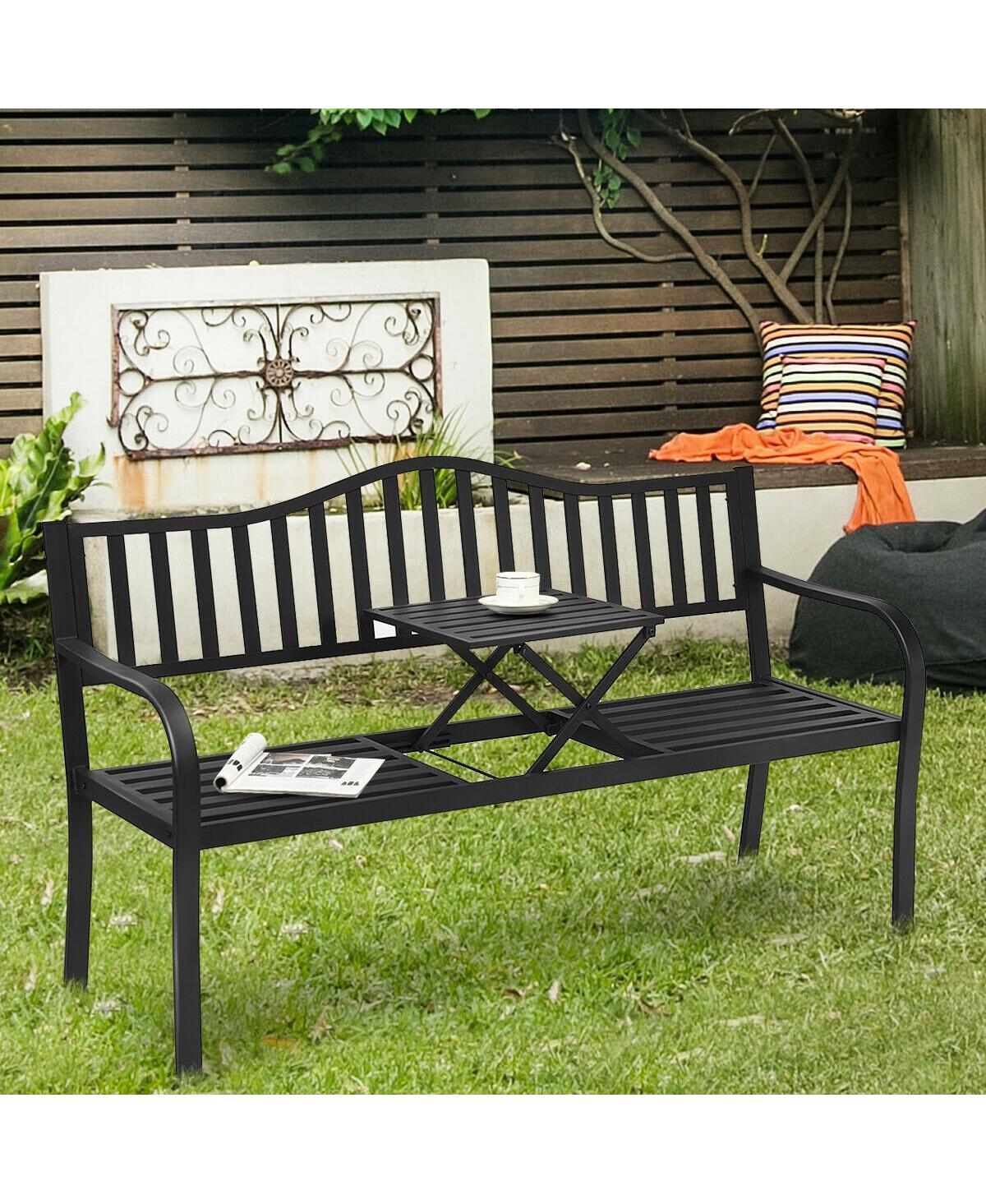 Slickblue Patio Garden Bench Steel Frame with Adjustable Center Table