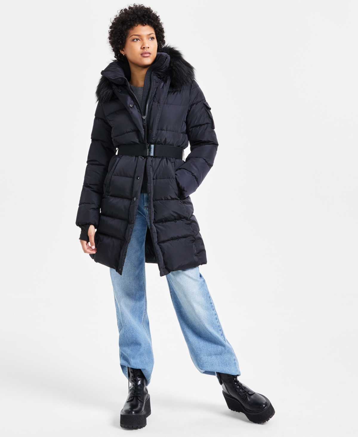 Women's Chalet Faux-Fur-Trim Hooded Belted Puffer Coat - Black/Black