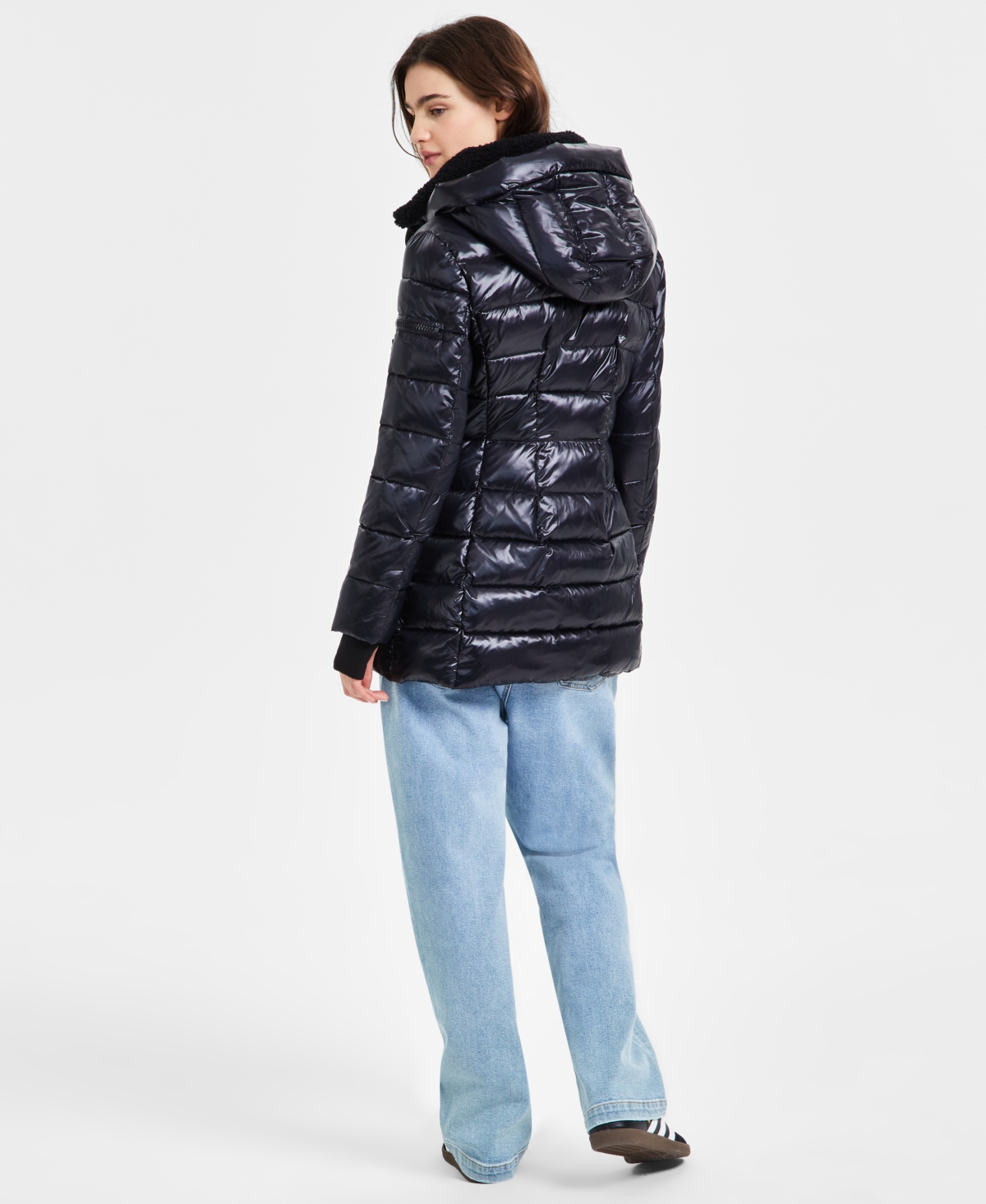 S13 Women's Greenwich Hooded Faux-Sherpa-Collar Puffer Coat -Black