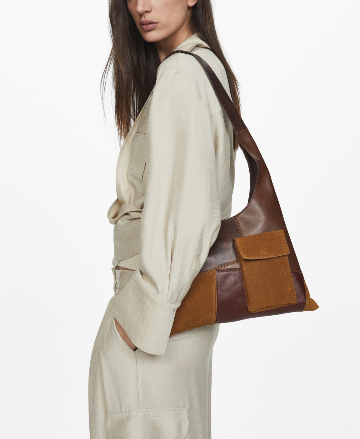 Women's Patchwork Leather Bag - Brown