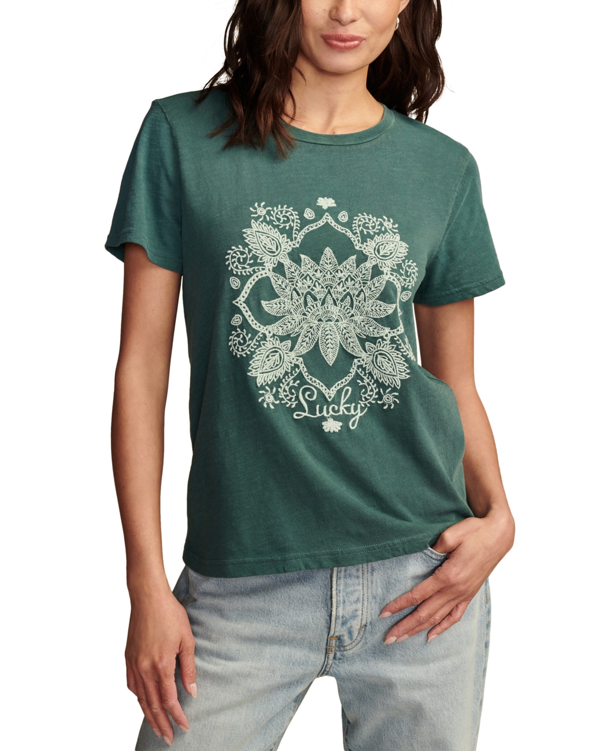 Women's Cotton Embroidered Lucky Lotus Tee - Hydro
