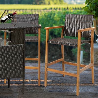 Set of 2 PE Wicker Patio Bar Chairs with Acacia Wood Armrests