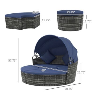 Rat Daybed Patio Furniture Set w/ Adjustable Canopy, Dark