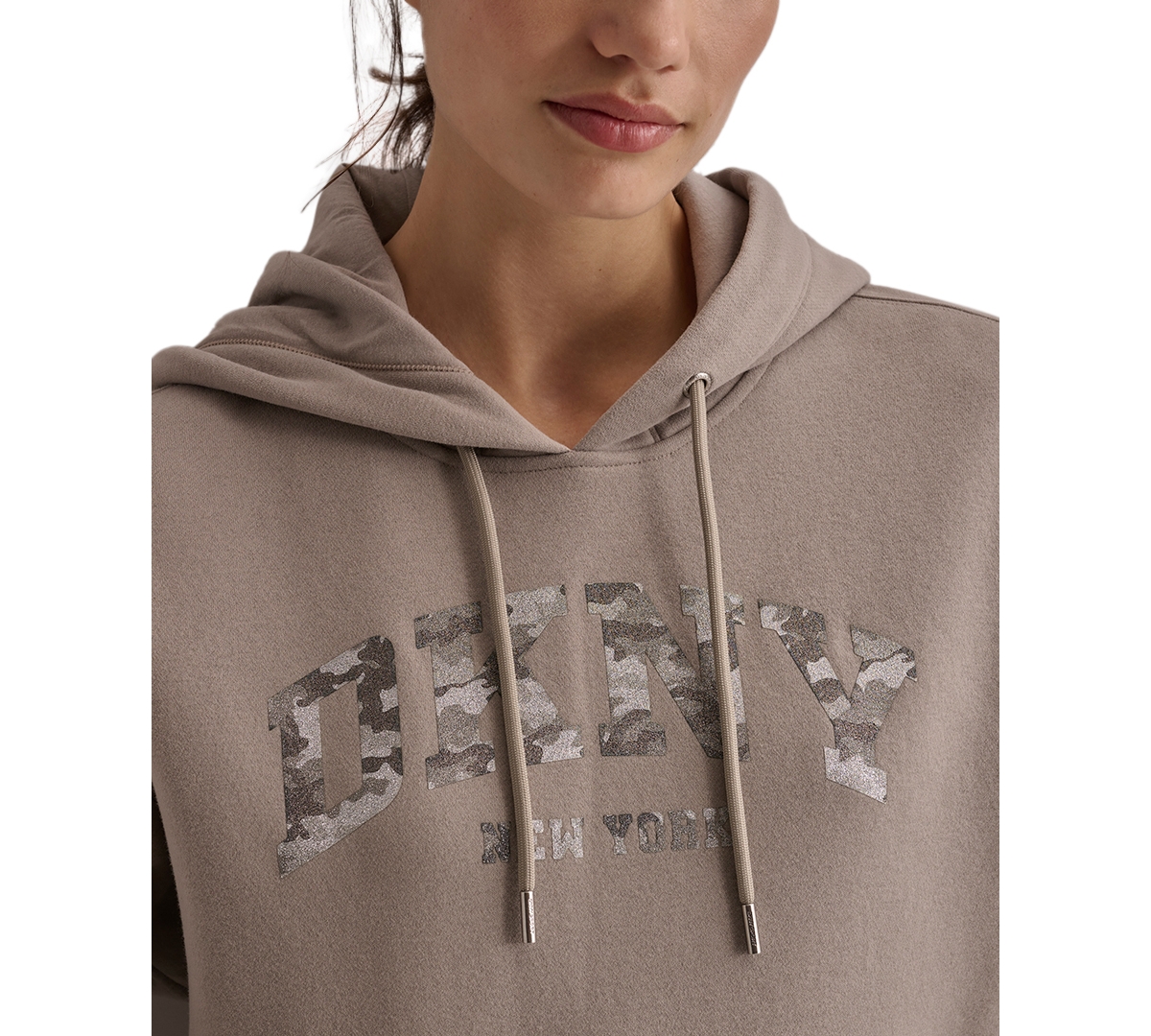 Dkny Sport Women's Varsity Camo Sparkle Logo Fleece Hooded Sweatshirt