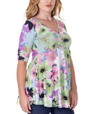 Print Elbow Sleeve V Neck Henley Tunic Top