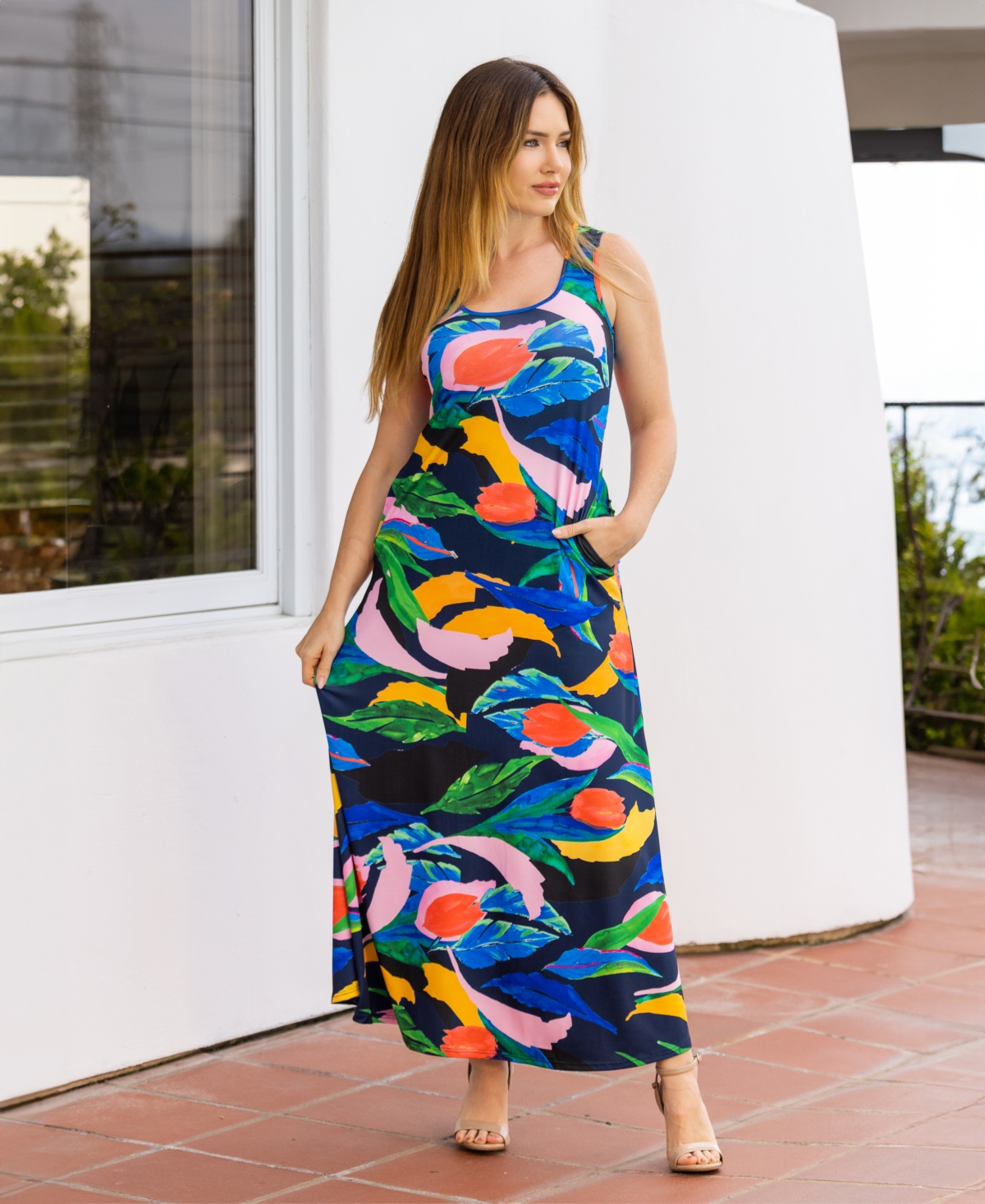 Shop 24seven Comfort Apparel Sleeveless Casual Maxi Pocket Dress In Miscellane