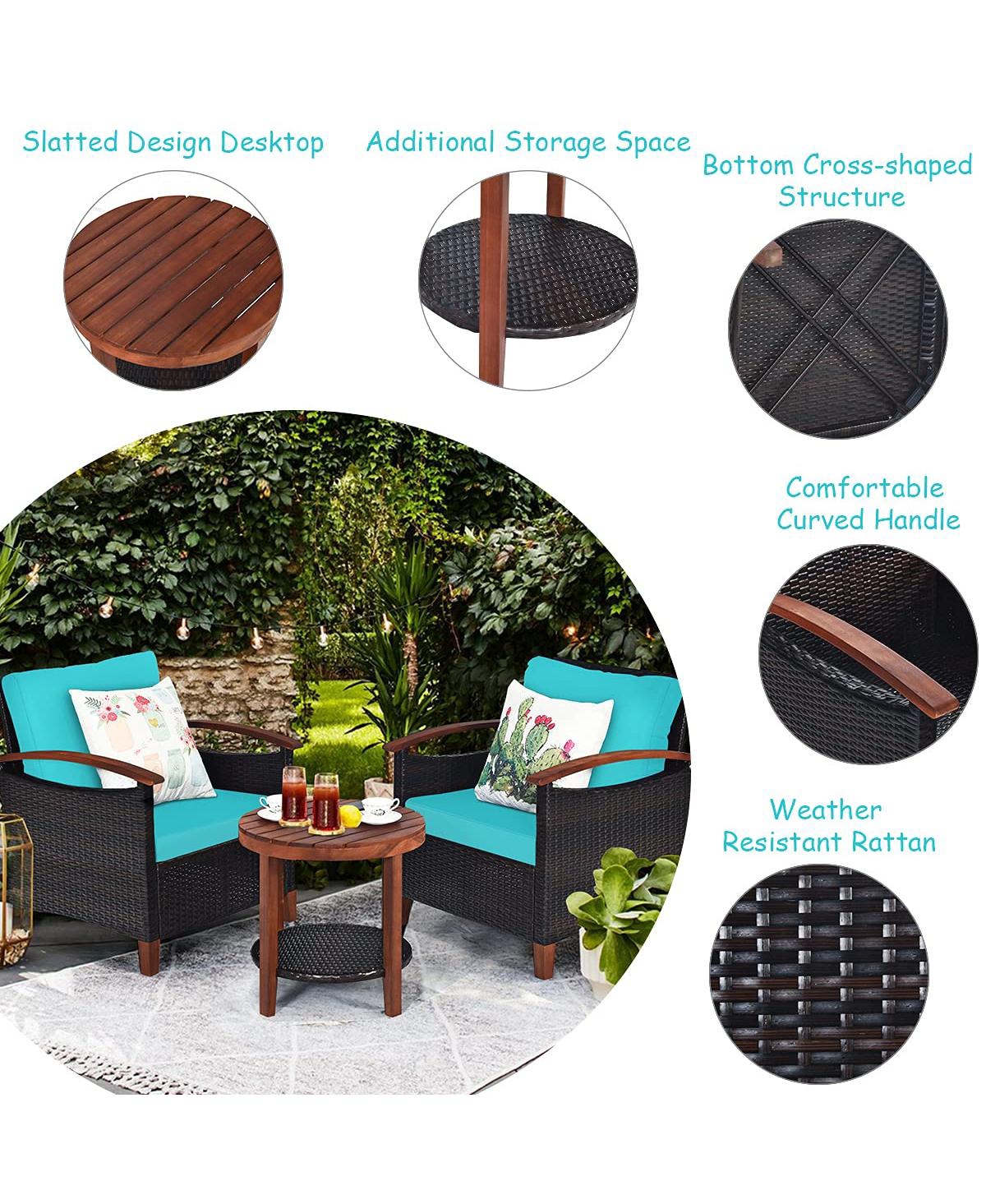 Sugift 3 Pieces Patio Wicker Furniture Set with Washable Cushion and Acacia Wood Tabletop